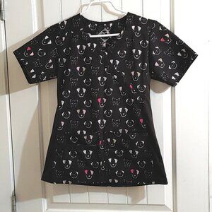 Black Pediatric nurse scrubs top 4 way stretch XS dogs and cats pattern